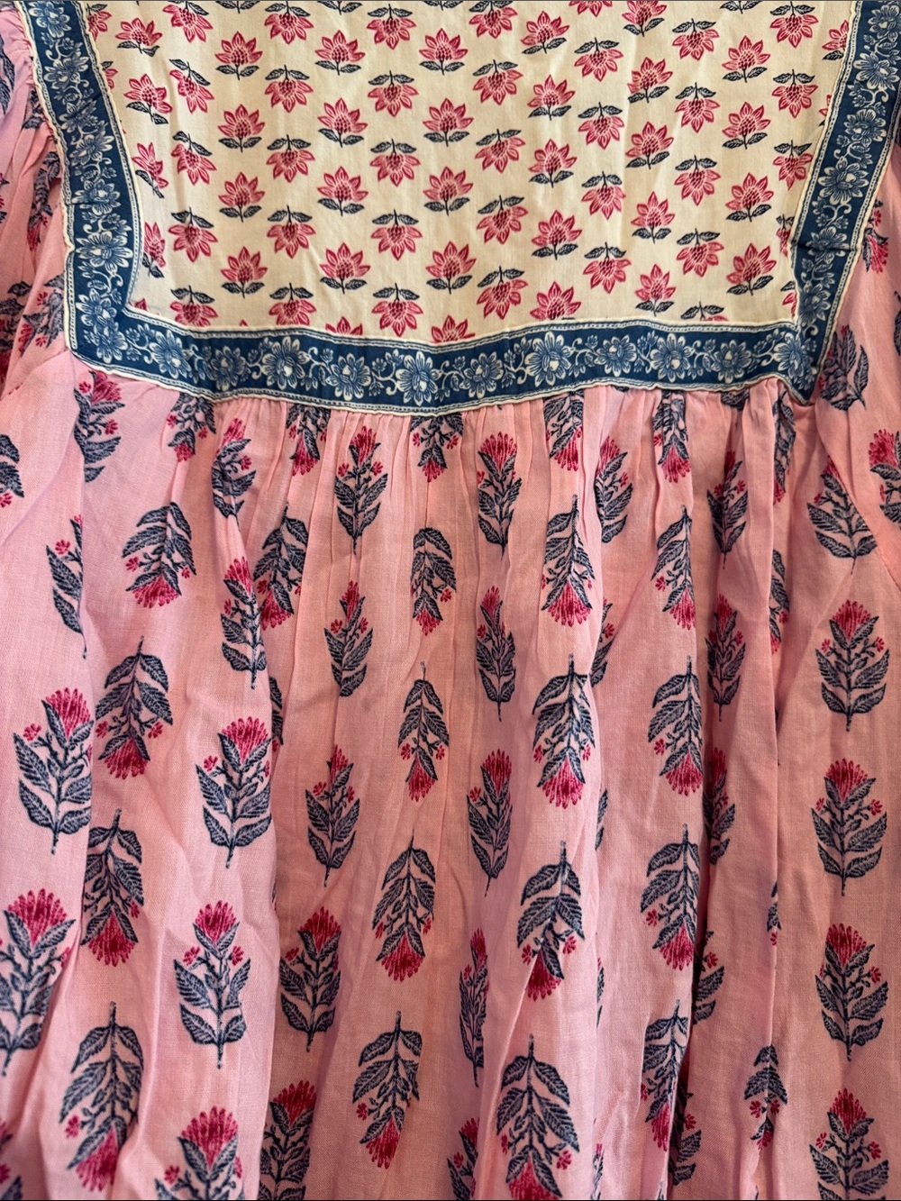 Women's Pink Floral Peasant Top with Blue Trim - Picture 5 of 5